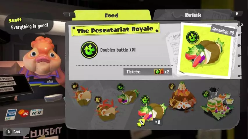 The food menu at the Crab-N-Go in Splatoon 3