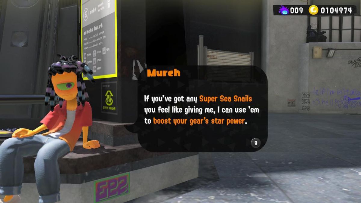 Murch asking the player for Super Sea Snails in Splatoon 3