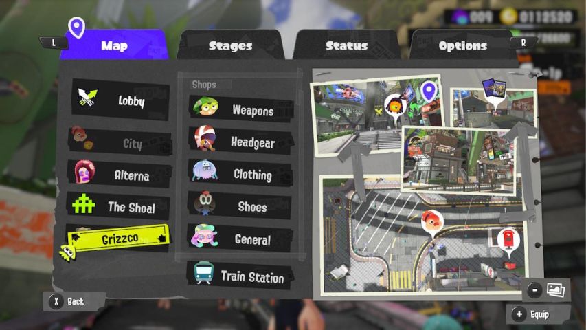 The location of Grizzco from the main game menu in Splatoon 3