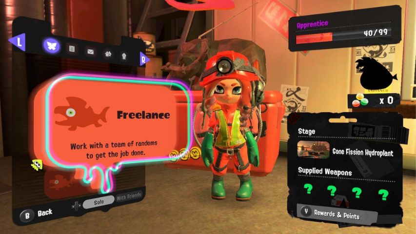 A menu displaying the match options for Salmon Run shifts in Splatoon 3