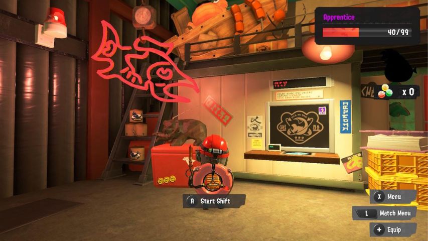 A character speaking to Mr Grizz and about to start a shift at Grizzco in Splatoon 3