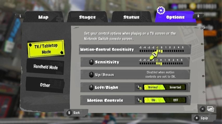 The motion controls settings in Splatoon 3's main menu