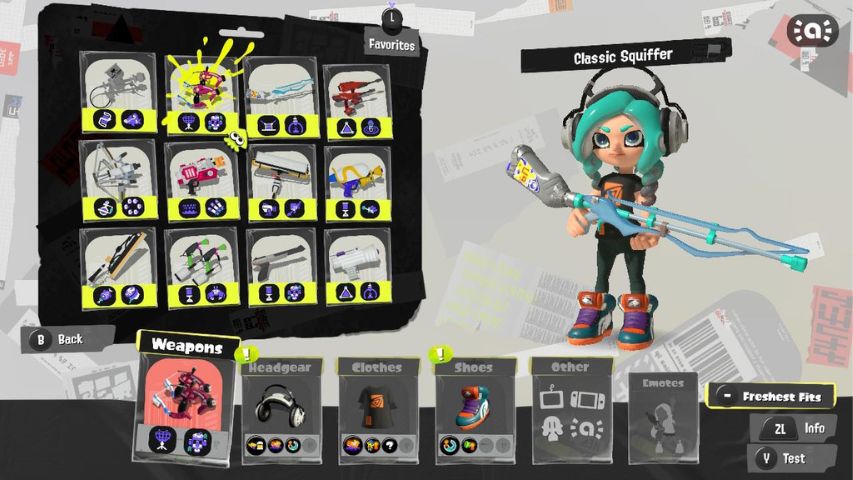 A long-range weapon loadout screen in Splatoon 3