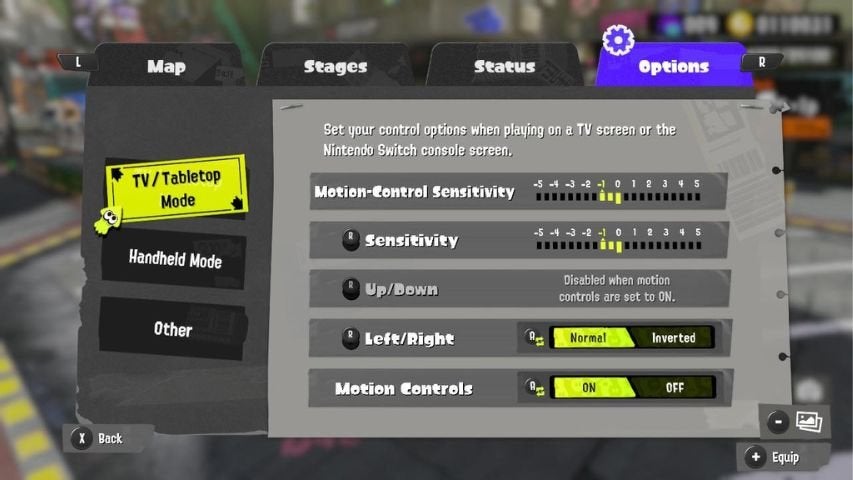 The options screen in Splatoon 3's main menu showing motion control settings
