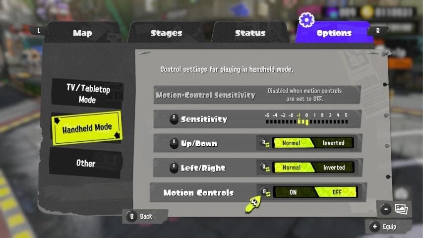 The options screen for turning motion controls off in Splatoon 3