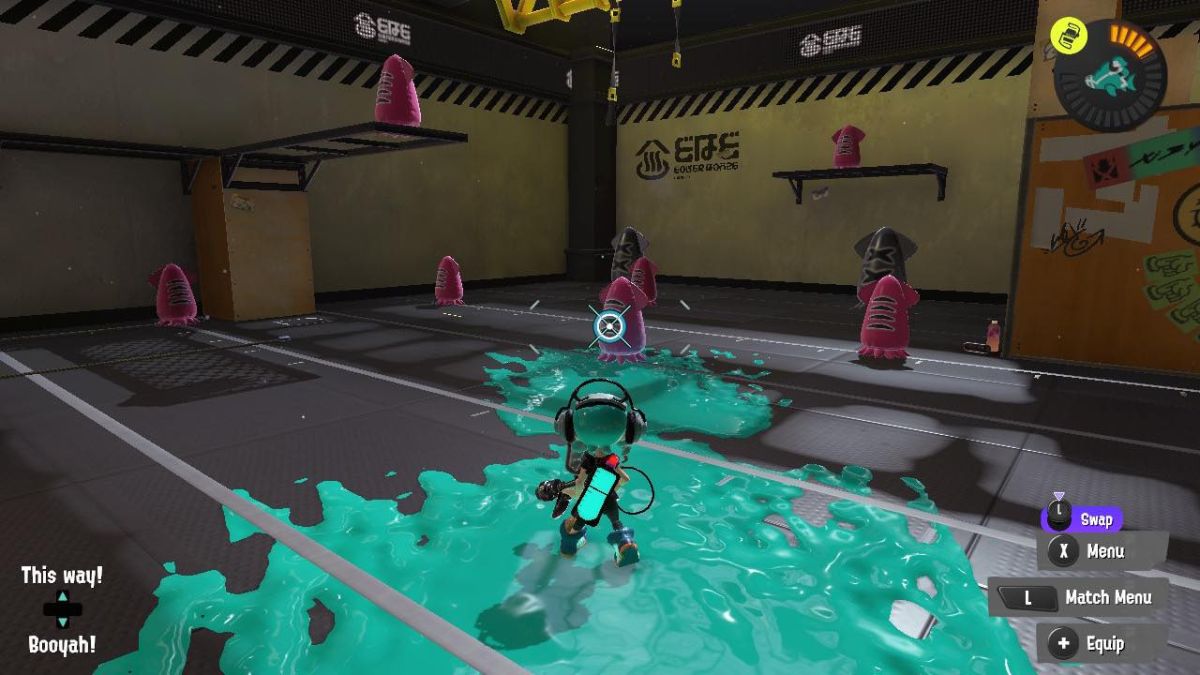 A player practicing using motion controls in the lobby in Splatoon 3