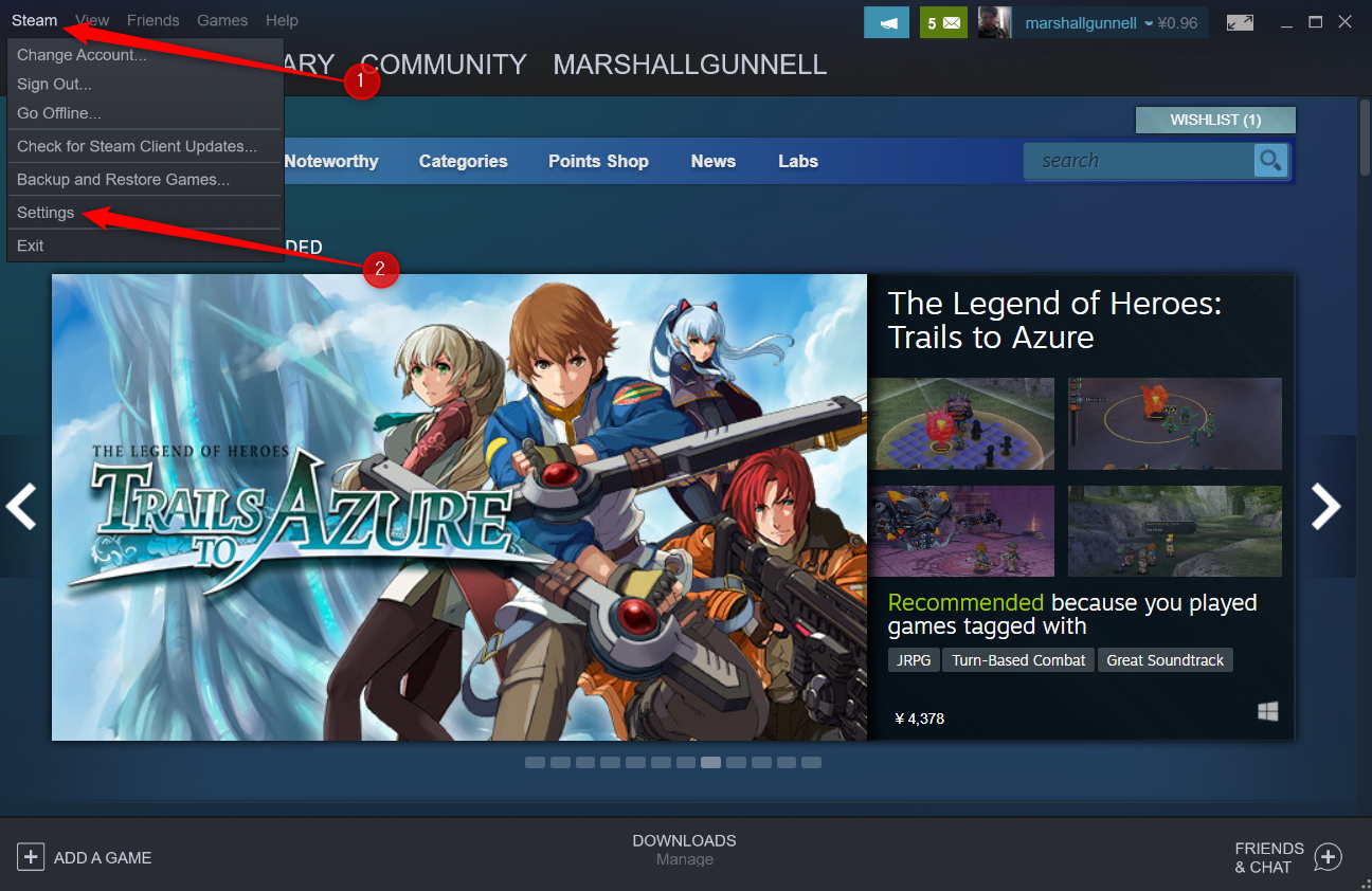 Steam Settings option in the Steam desktop client.