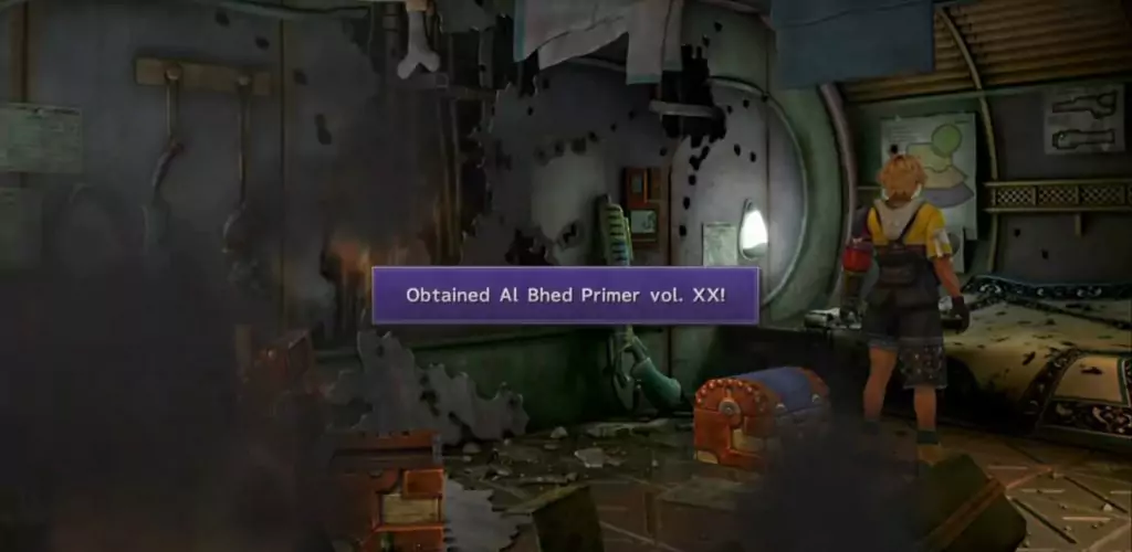 Tidus discovering Al Bhed Primer XX in a private room inside the Al Bhed Home in Final Fantasy X.