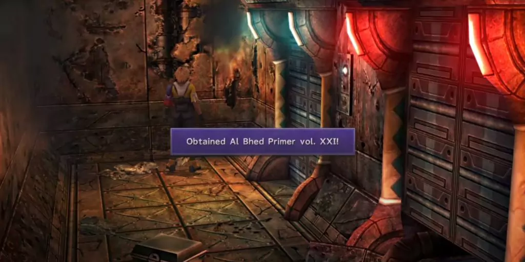 Tidus finding Al Bhed Primer XXI in the Main Corridor of the Al Bhed Home in Final Fantasy X