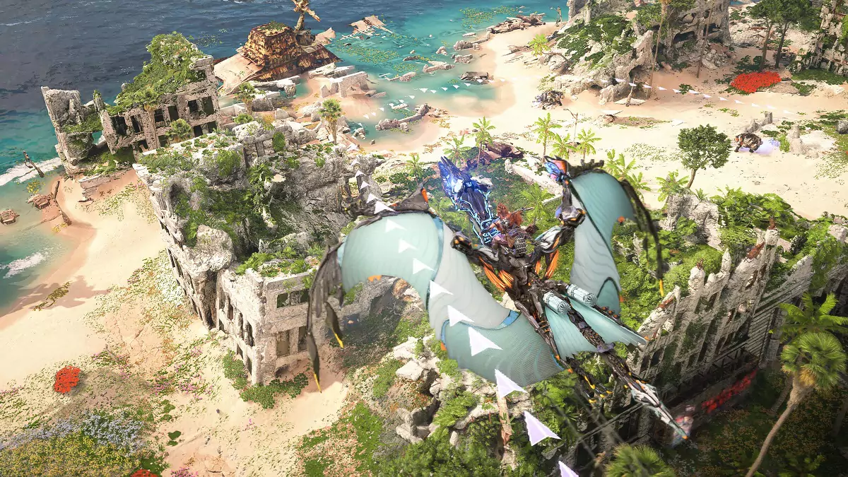 Flying on a Waterwing in Horizon Forbidden West Burning Shores.