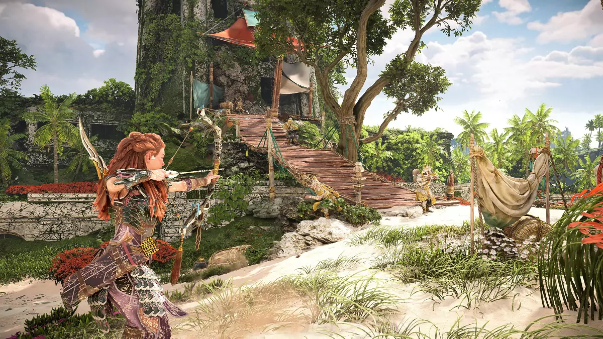 Fighting enemies in a Devotee Outpost in Horizon Forbidden West: Burning Shores.