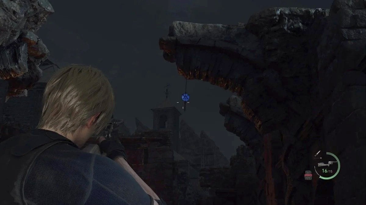 Leon looking at the second blue medallion in the Cliffside Ruins.