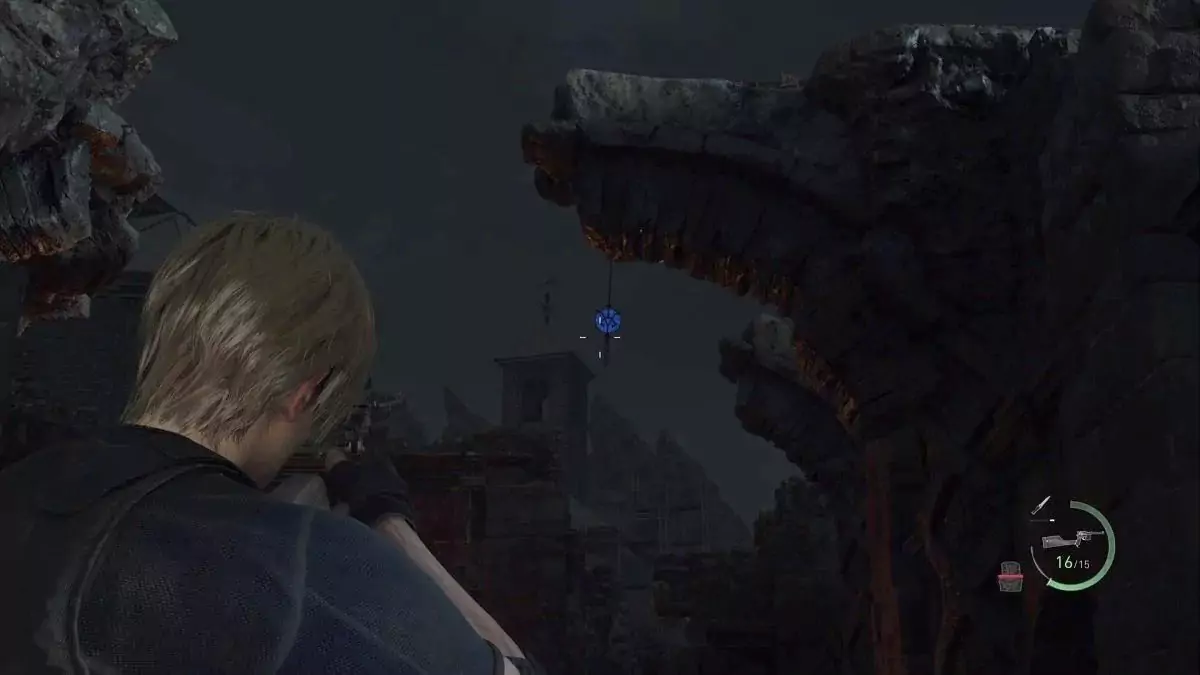 Leon looking at the second blue medallion in the Cliffside Ruins.