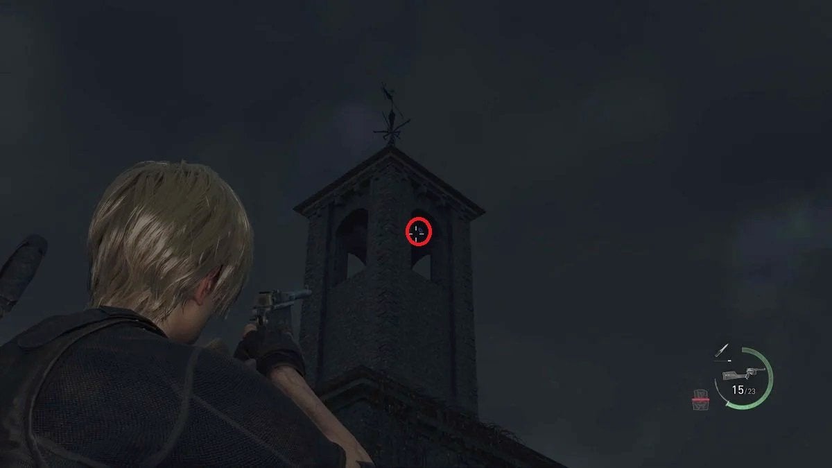 Leon aiming at the fifth blue medallion in the Cliffside Ruins.