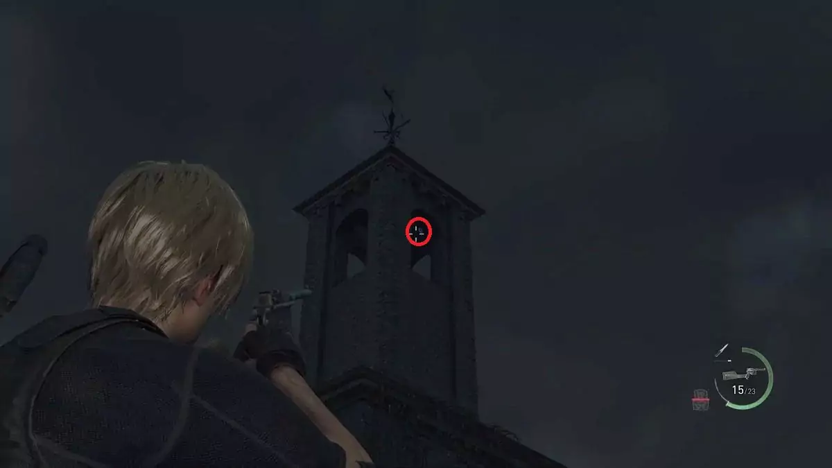 Leon aiming at the fifth blue medallion in the Cliffside Ruins.