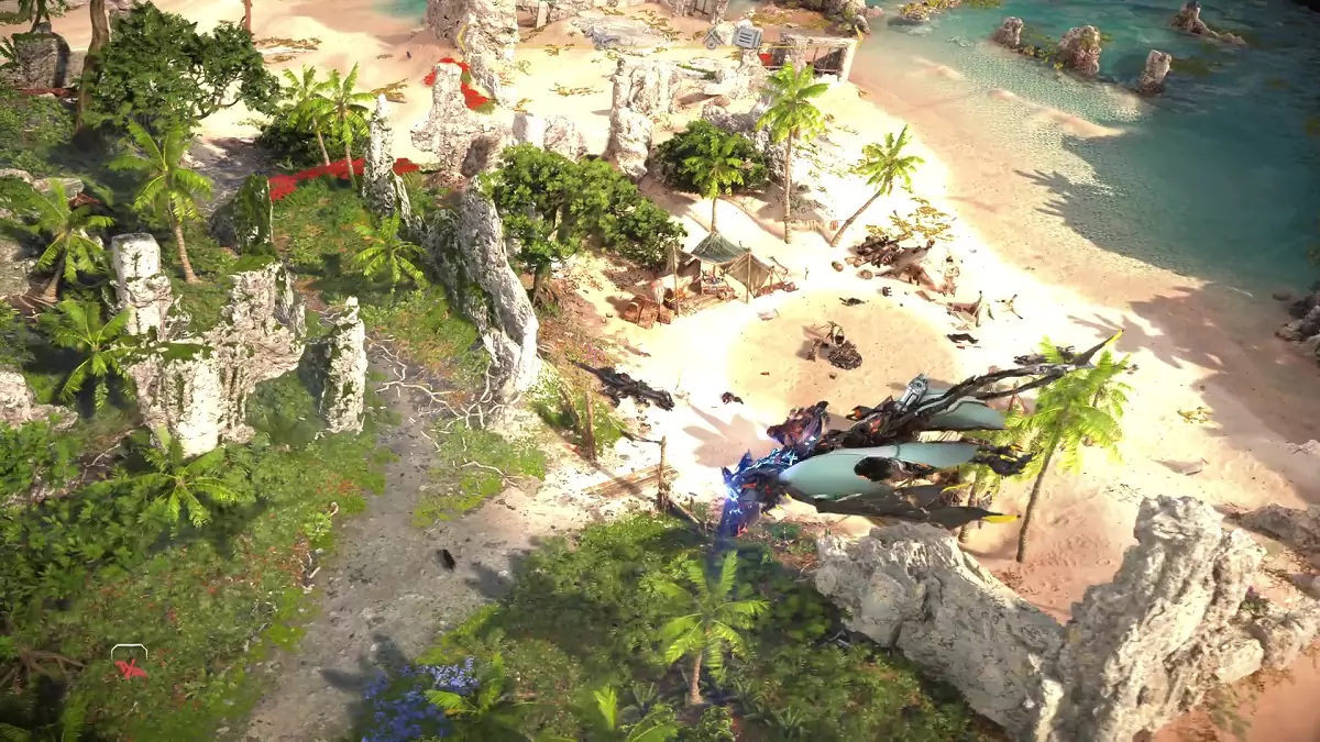 Flying over the Delvers' Camp in Horizon Forbidden West: Burning Shores.