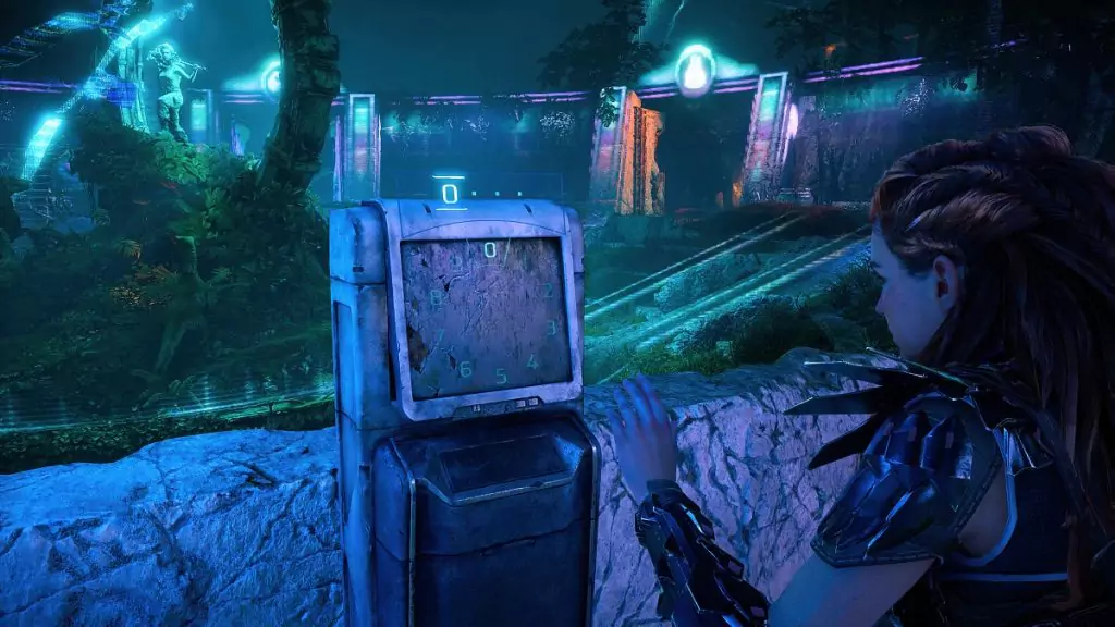 Playing the Dino Digits quiz in Horizon Forbidden West Burning Shores.