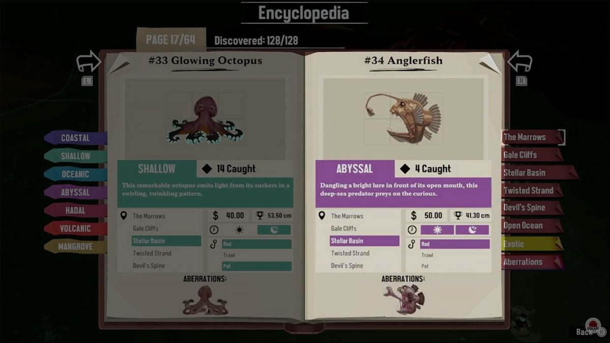 Encyclopedia entry for the Anglerfish in DREDGE.