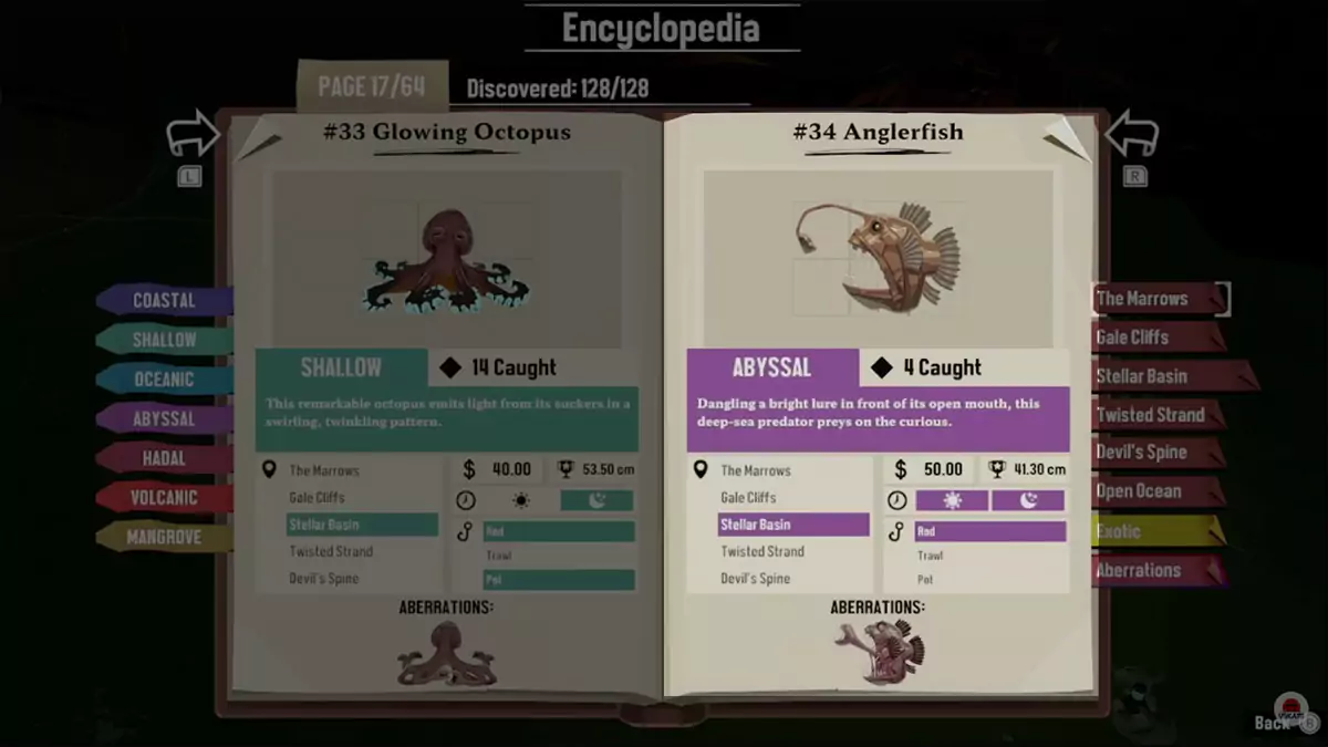 Encyclopedia entry for the Anglerfish in DREDGE.