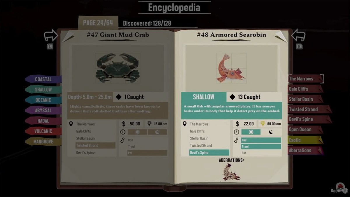Encyclopedia entry for the Armored Searobin in DREDGE. 