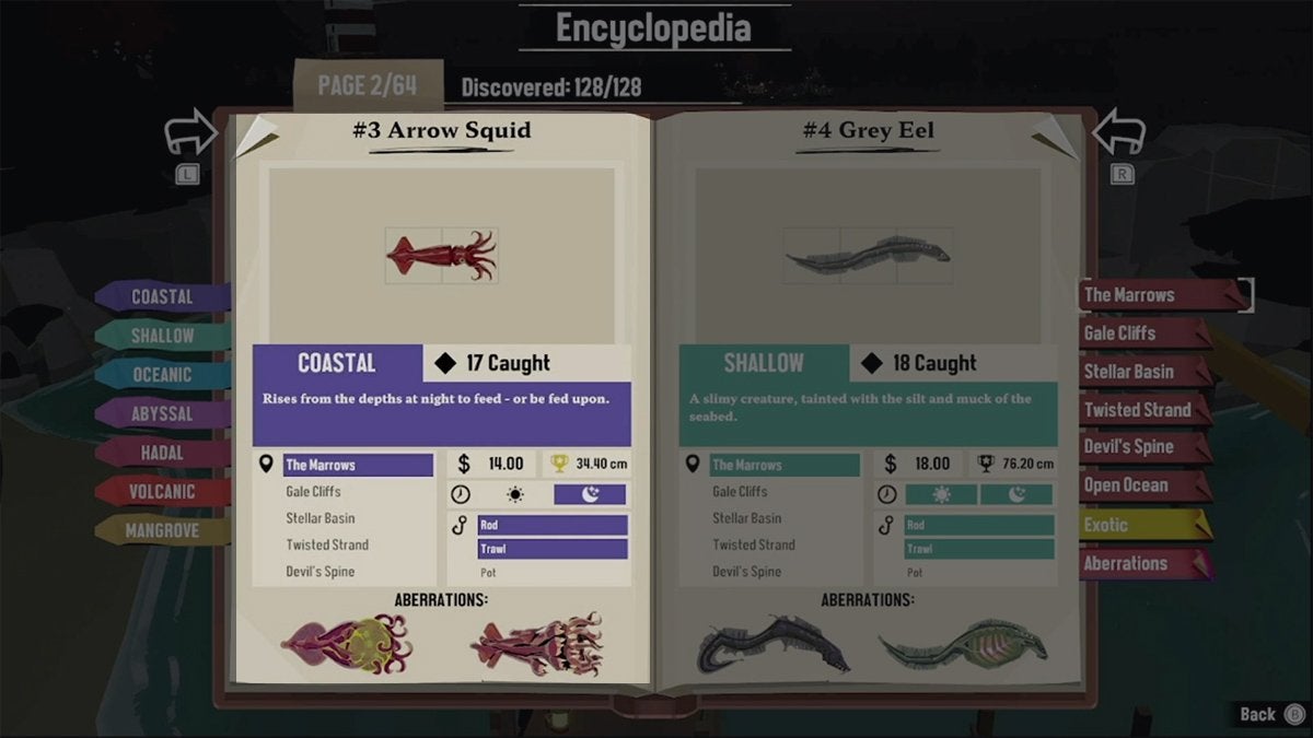Encyclopedia entry for Arrow Squid in DREDGE.