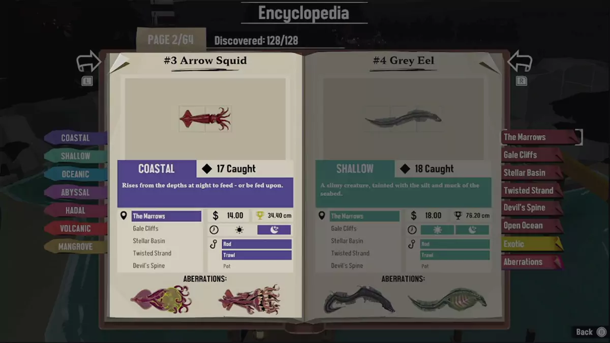 Encyclopedia entry for Arrow Squid in DREDGE.