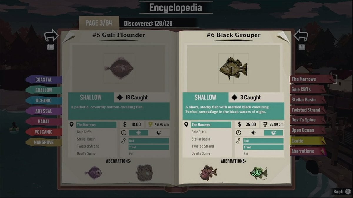 Encyclopedia entry for Black Grouper in DREDGE.