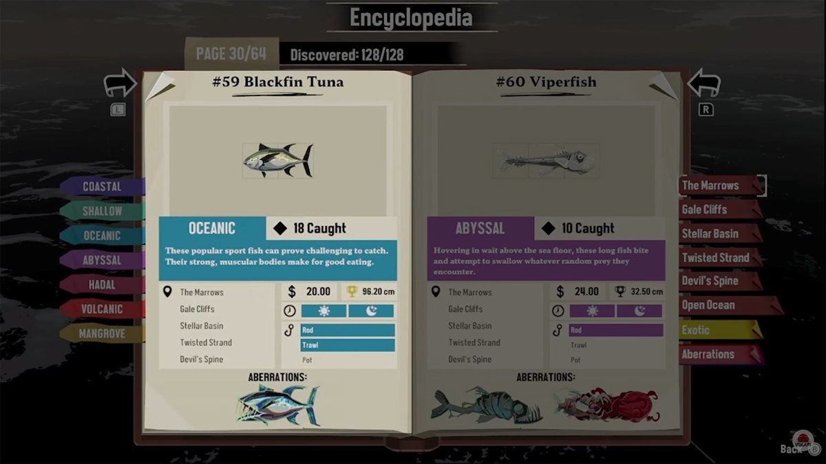 Encyclopedia entry for Blackfin Tuna in DREDGE.