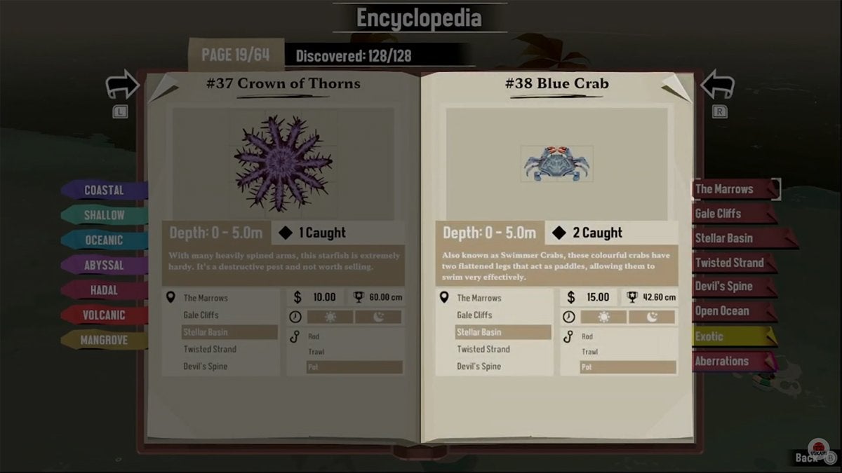 Encyclopedia entry for the Blue Crab in DREDGE.