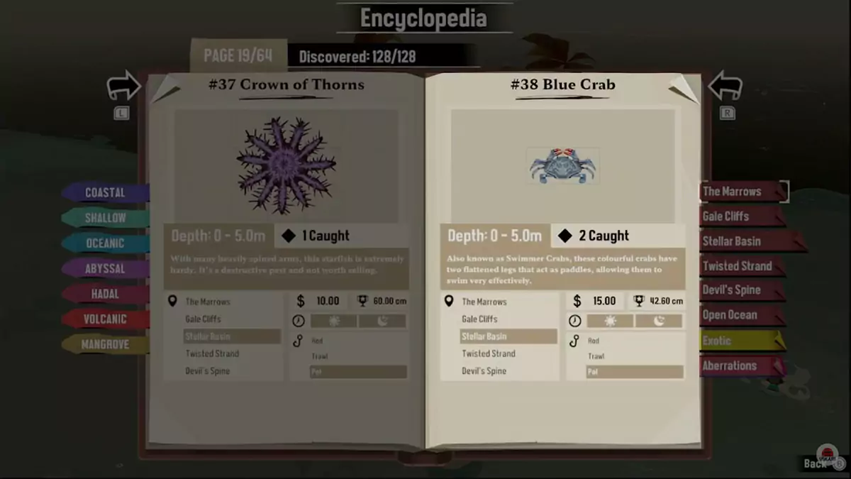 Encyclopedia entry for the Blue Crab in DREDGE.