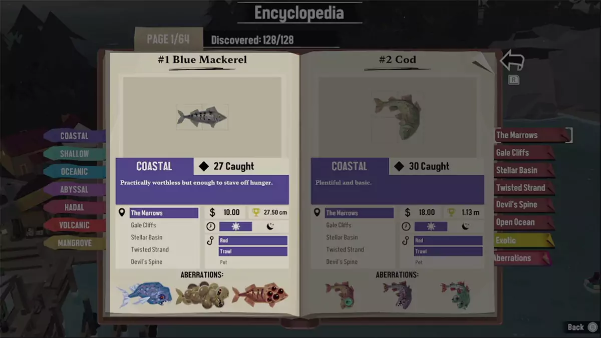 Encyclopedia entry for the Blue Mackerel in DREDGE.