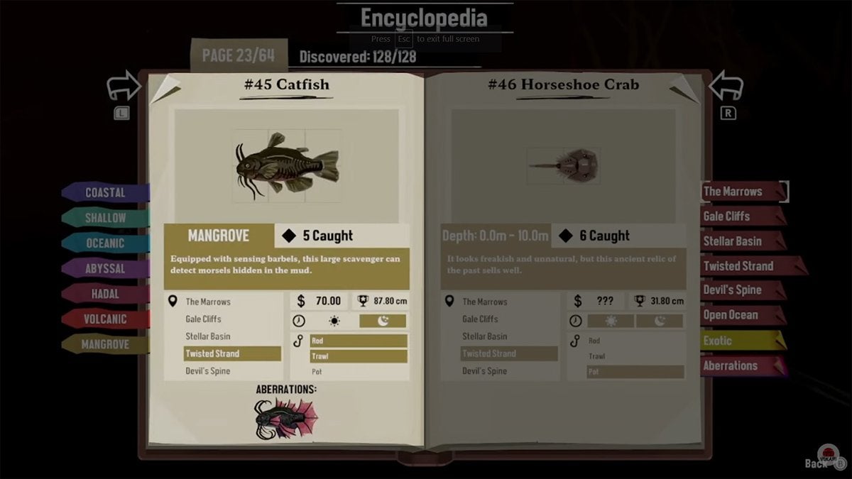 Encyclopedia entry for the Catfish in DREDGE.