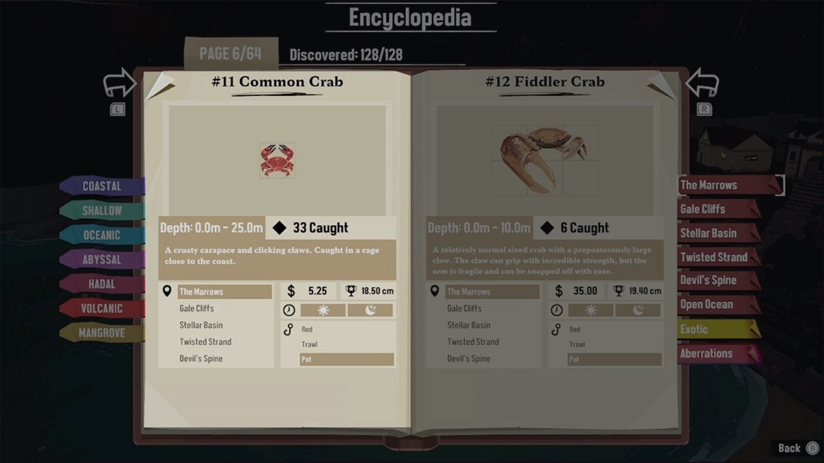 Encyclopedia entry for the Common Crab in DREDGE.