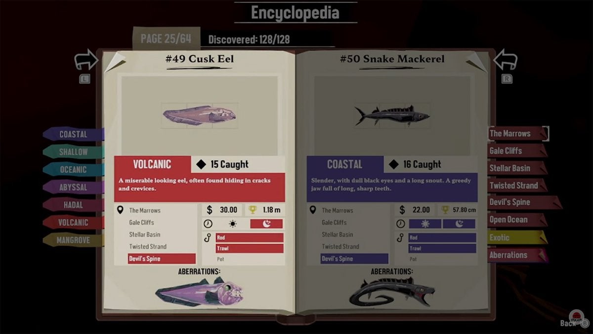 Encyclopedia entry for the Cusk Eel in DREDGE.
