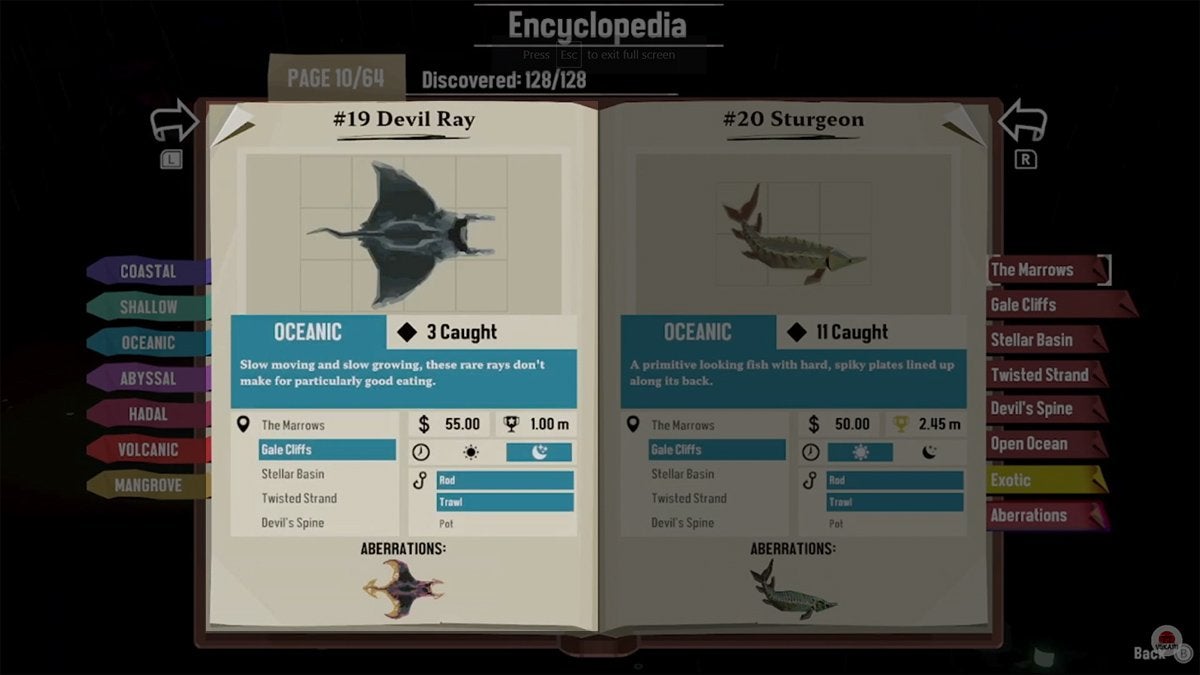 Encyclopedia entry for the Devil Ray in DREDGE.