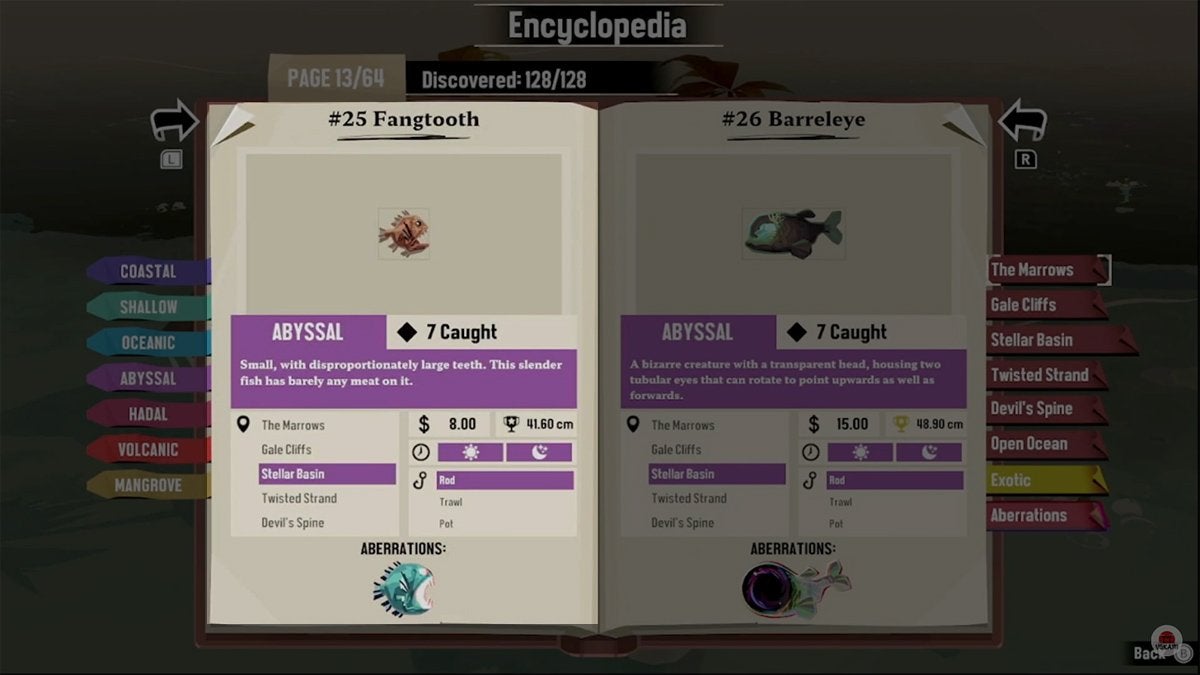 Encyclopedia entry for the Fangtooth in DREDGE.