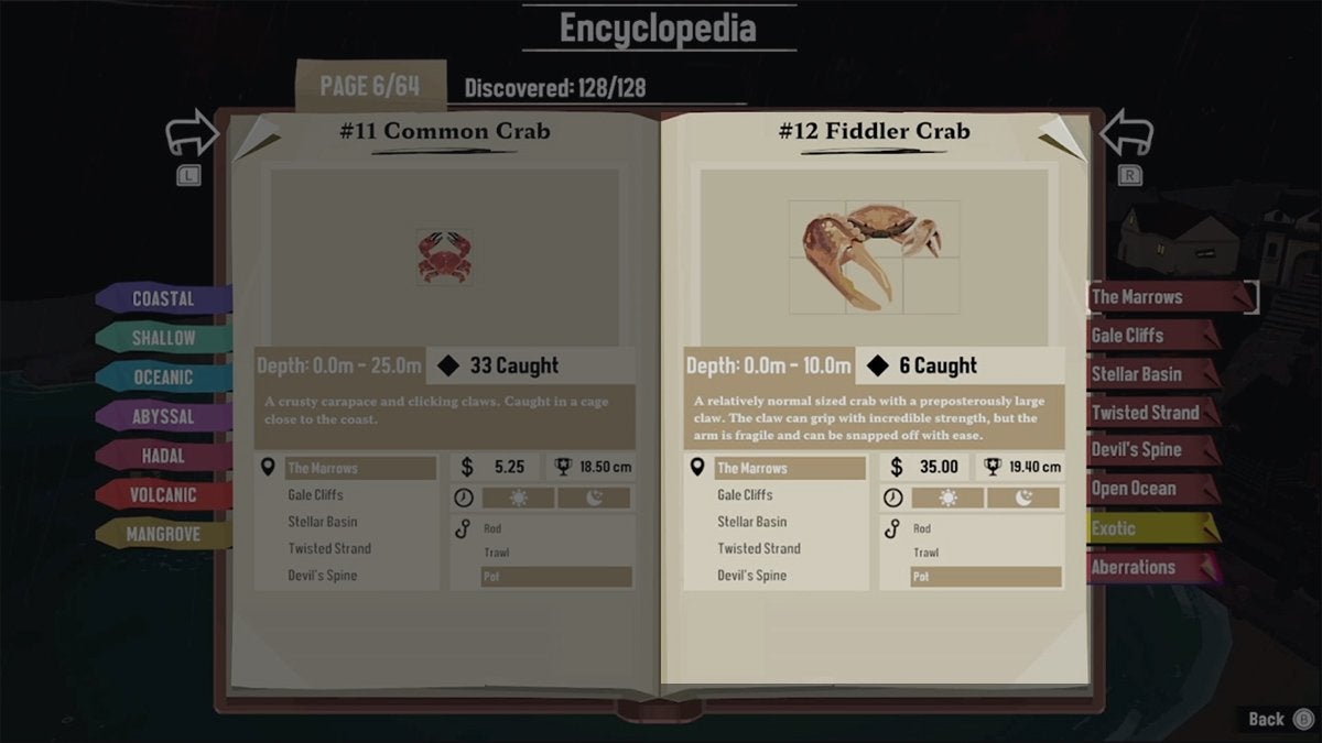 Encyclopedia entry for the Fiddler Crab in DREDGE.