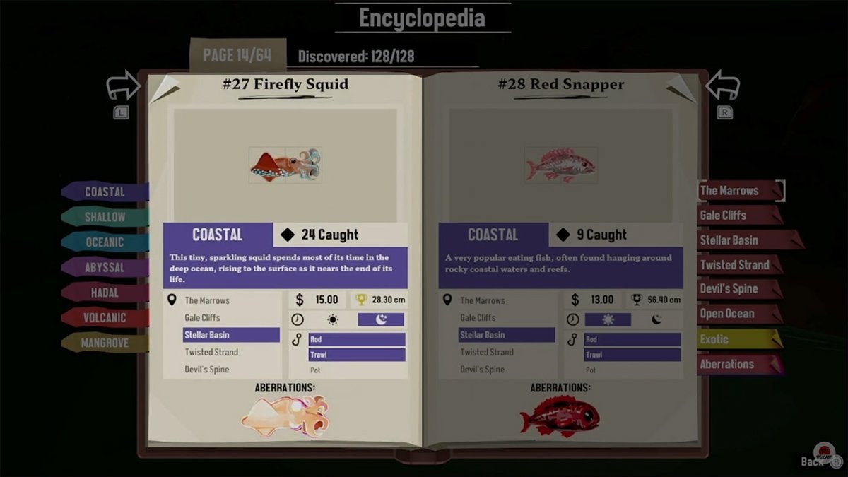 Encyclopedia entry for Firefly Squid in DREDGE.