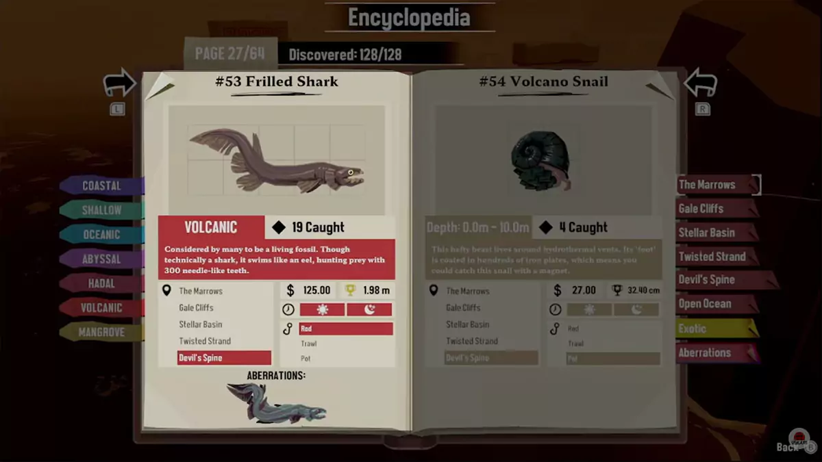 Encyclopedia entry for the Frilled Shark in DREDGE.