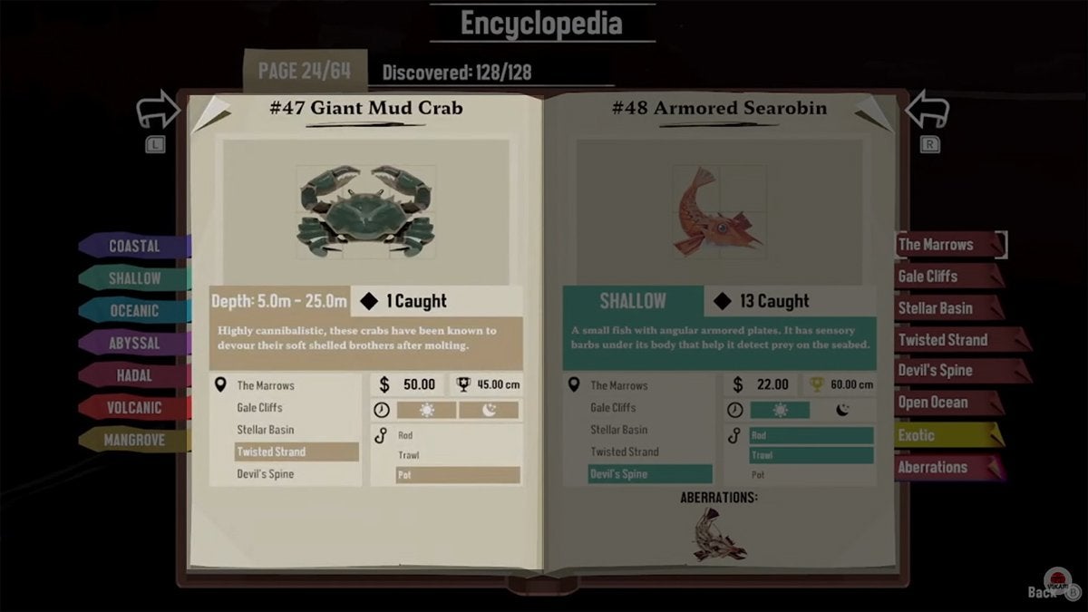 Encyclopedia entry for the Giant Mud Crab in DREDGE.
