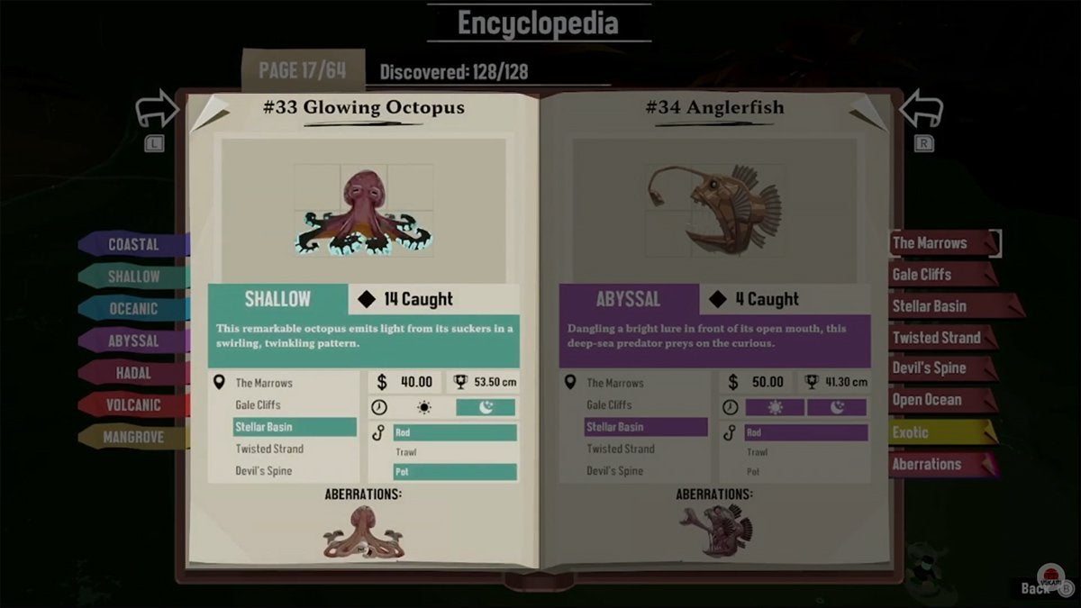 Encyclopedia entry for the Glowing Octopus in DREDGE.