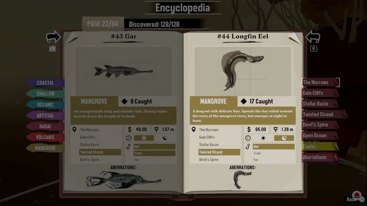 Encyclopedia entry for the Longfin Eel in DREDGE.