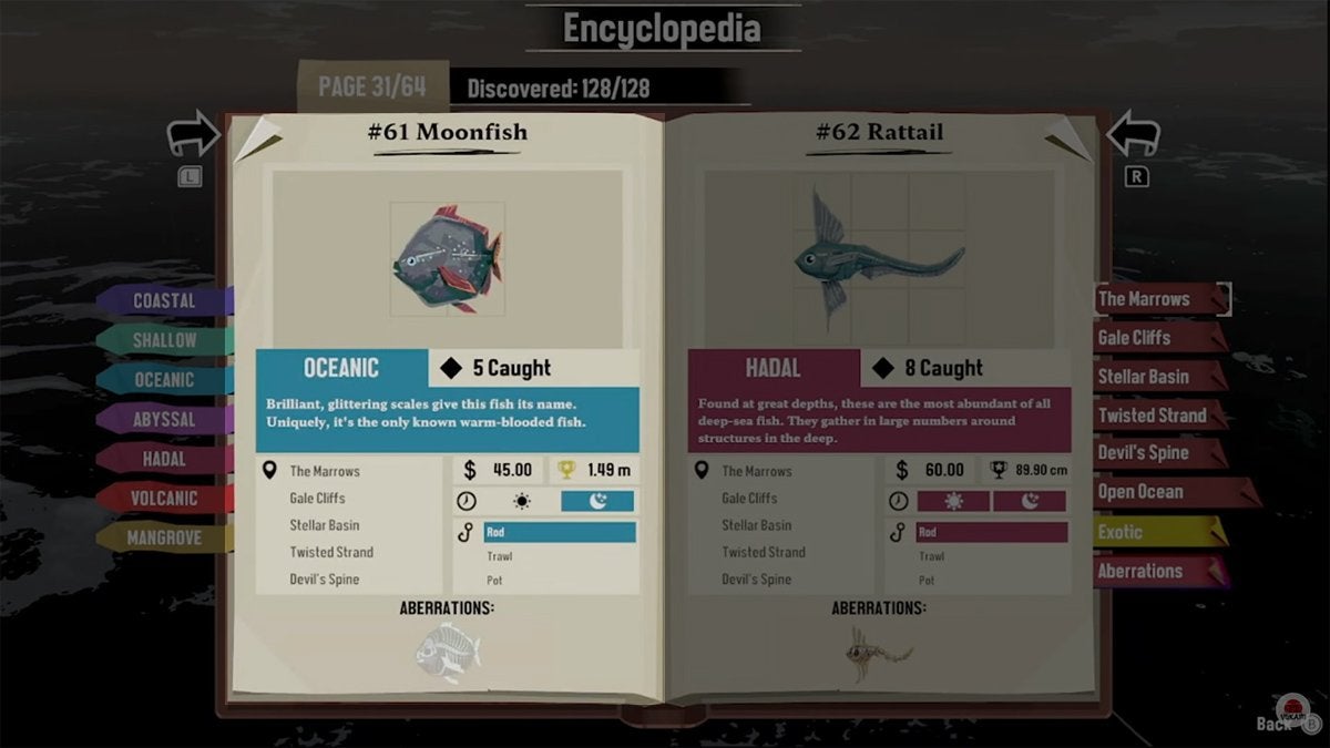 Encyclopedia entry for the Moonfish in DREDGE.