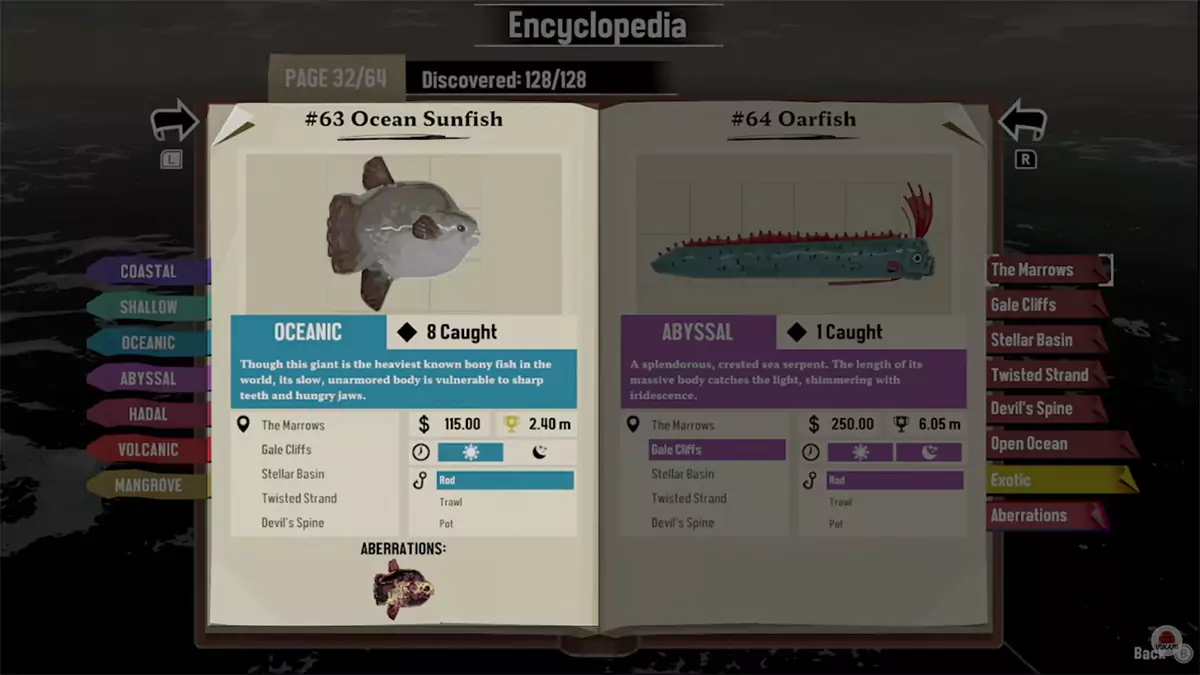 Encyclopedia entry for the Ocean Sunfish in DREDGE.