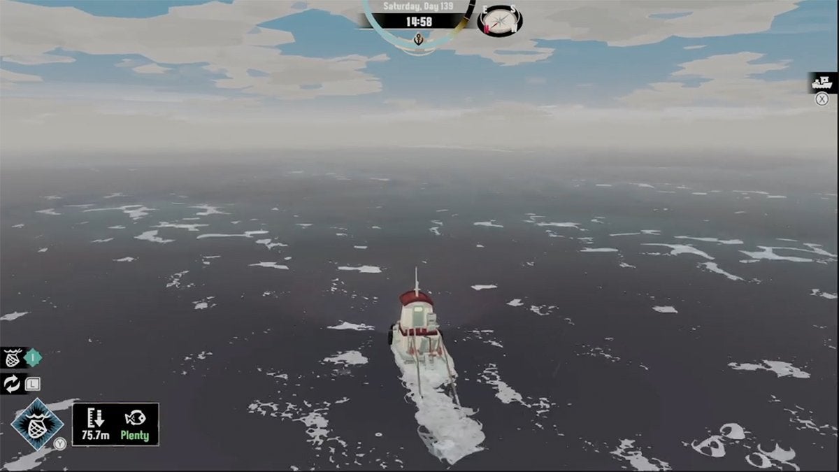 The player's ship sailing through open waters in DREDGE.