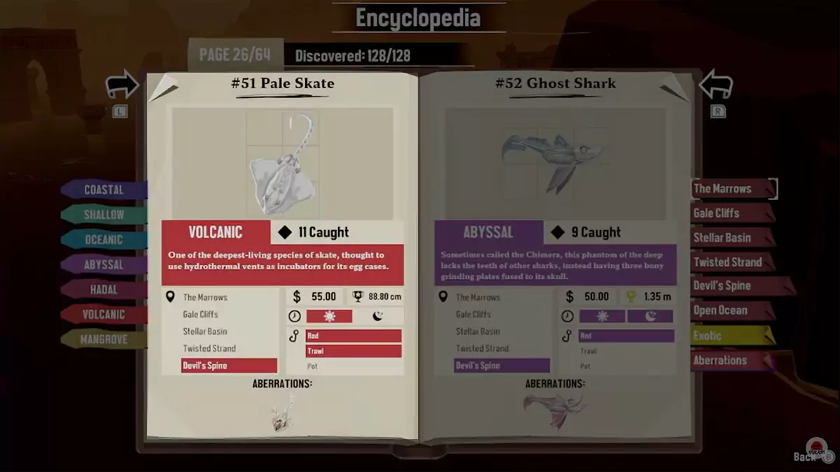 Encyclopedia entry for the Pale Skate in DREDGE.