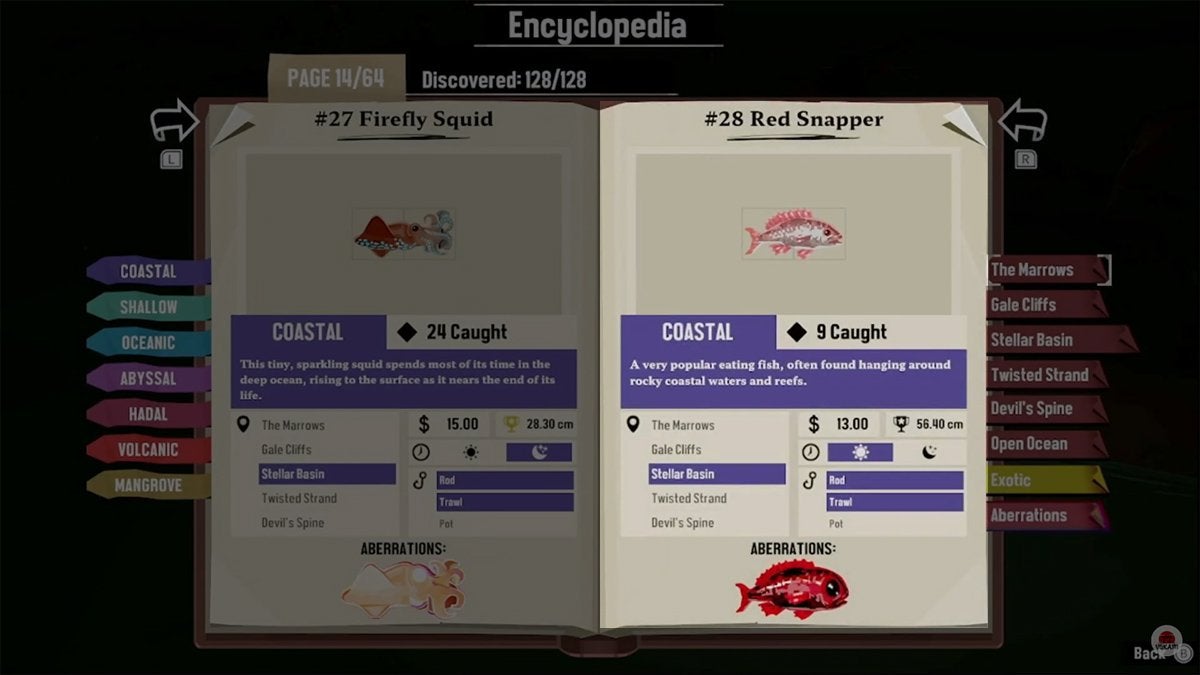 Encyclopedia entry for Red Snapper in DREDGE.