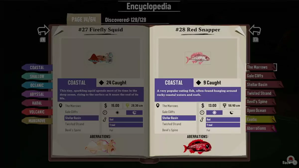 Encyclopedia entry for Red Snapper in DREDGE.