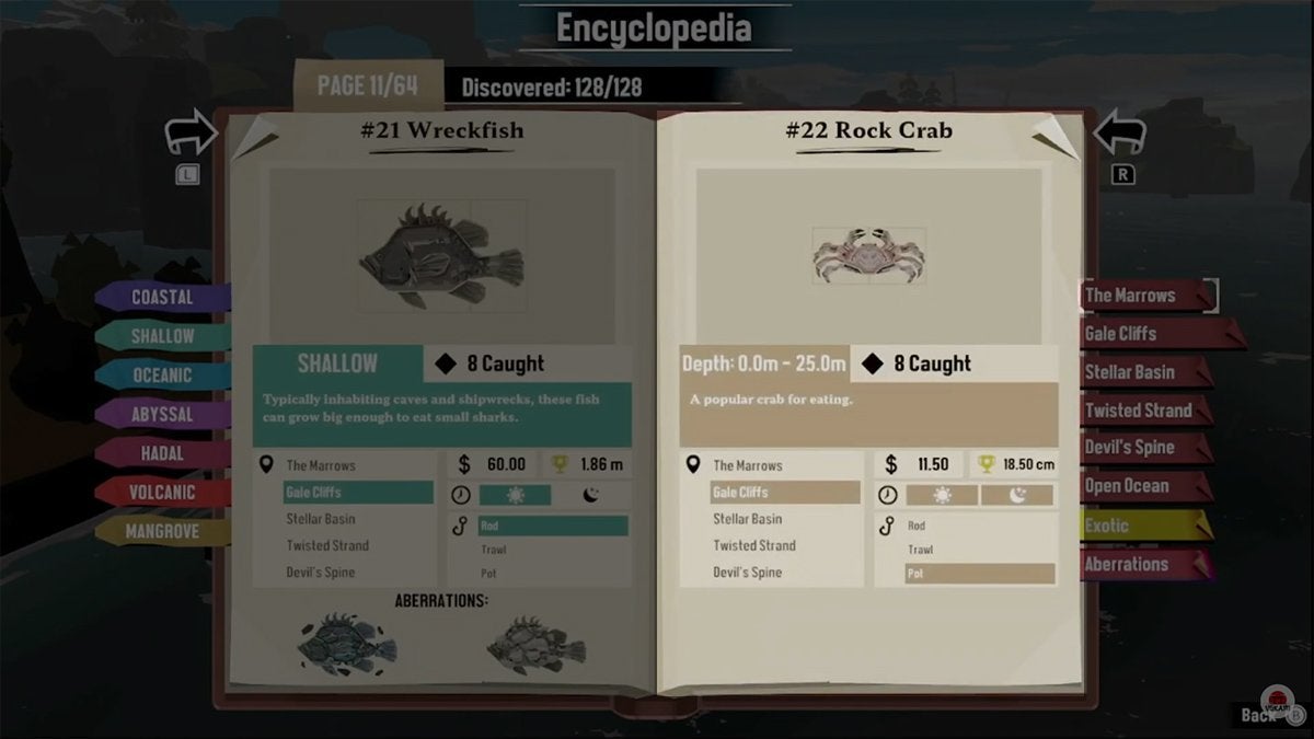 Encyclopedia entry for the Rock Crab in DREDGE.