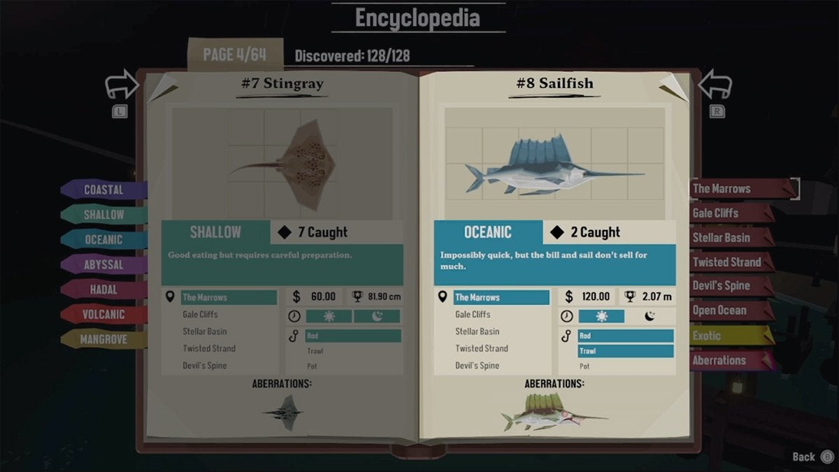 Encyclopedia entry for Sailfish in DREDGE.